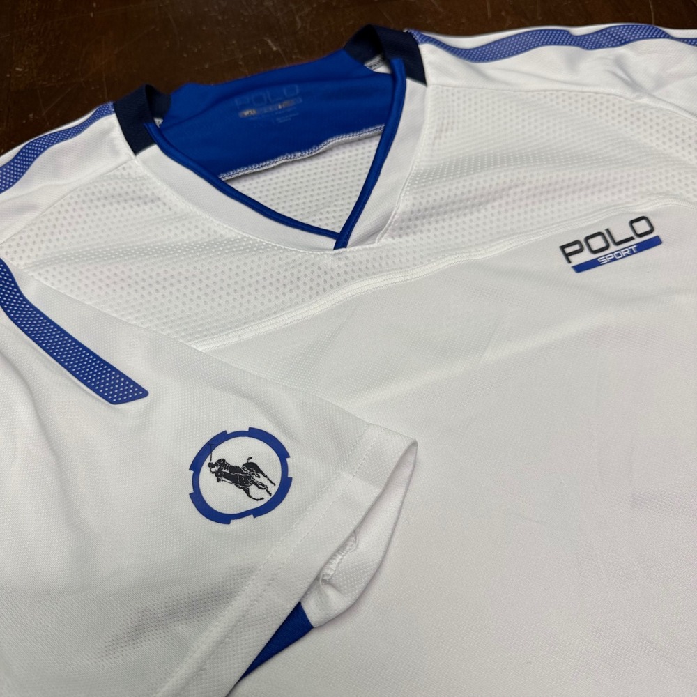 Polo Sport Shirt Mens XXL White Blue ThermoVent V-Neck Athletic Performance Tee